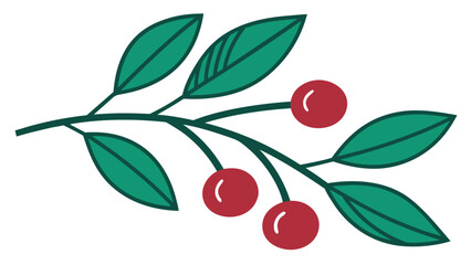 Flat illustration of a dark green branch with red berries and leaves berry fruit