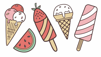 Cute Summer Ice Cream Treats Clipart: Ice Cream Cones, Popsicles, Watermelon, Pastel Colors, Vector Illustration