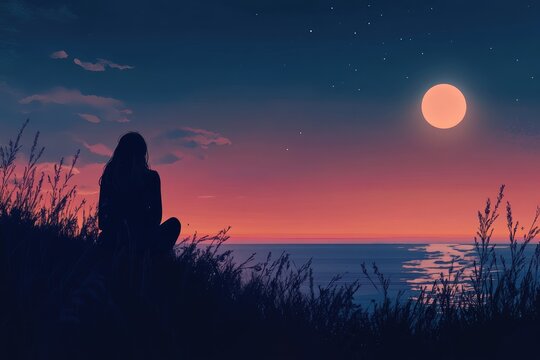 Woman reflects on the peaceful sea under a starry night sky with a glowing moon, woman sitting on a hill looking at the sea at night Anime art style - Powered by Adobe
