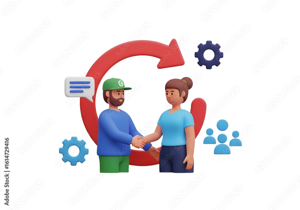Poster 3d icon of a 3d rendering of a man and woman shaking hands in front of a circular arrow isolated on transparent background