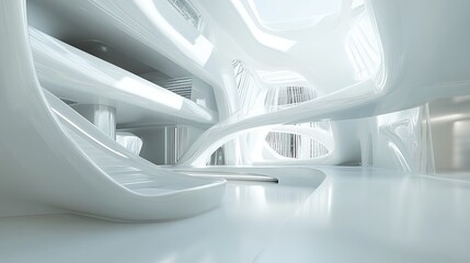 Futuristic interior with sleek, white, organic architecture. Curves and light create an ethereal atmosphere