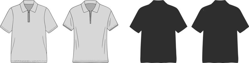 Men’s zip collar polo shirt front and back view, fashion flat sketch, vector cad drawing for casual apparel design template © Khadija Creatives