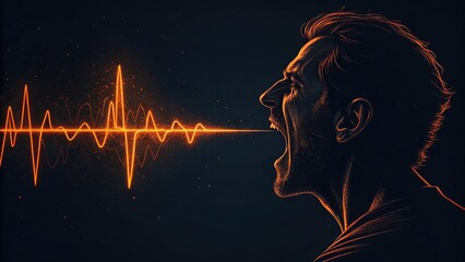 Man shouting with vibrant orange sound wave emanating from mouth in darkness.