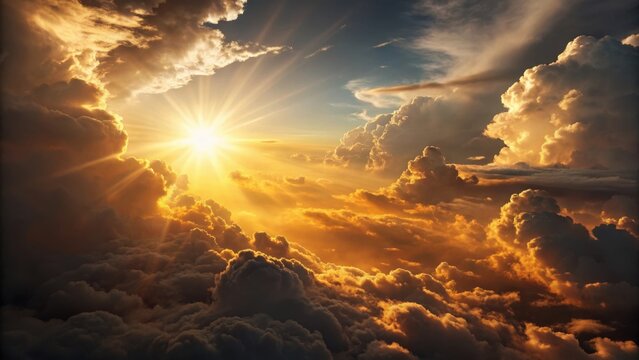 Golden sunburst illuminating dramatic fiery clouds at sunrise or sunset