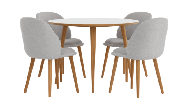 Round white table with four light beige chairs