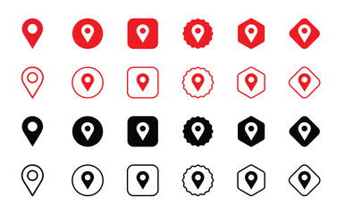 Red and black map pin location icon set