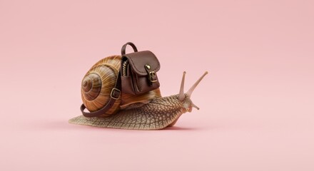 Adorable snail wearing a tiny backpack against a soft pink background ready for a slow adventure