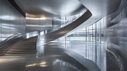 Modern, sleek interior with a curved staircase and reflective surfaces, creating a futuristic ambiance