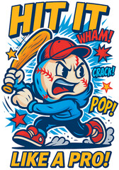 A fun and energetic baseball cartoon illustration featuring a dynamic character ready to swing the bat with explosive comic-style effects—WHAM! CRACK! POP! With bold outlines, bright colors, and a ret