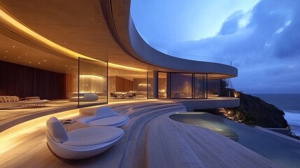 Luxurious coastal home with modern curved design, pool, and ocean view at dusk