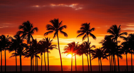 Radiant tropical twilight: A captivating silhouette of palm trees against a vivid sunset backdrop