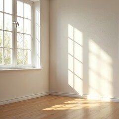 Sunlight streams through a large window, casting geometric shadows on the wooden floor and white walls of an empty room. This bright, airy interior showcases minimalist design with natural light.