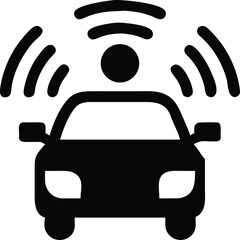Black Autonomous Car Icon with Wireless Signal on White Background Illustration