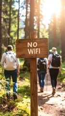 Hikers on trail with no wifi sign