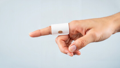 Patient using finger splint in bright studio setting, medical care