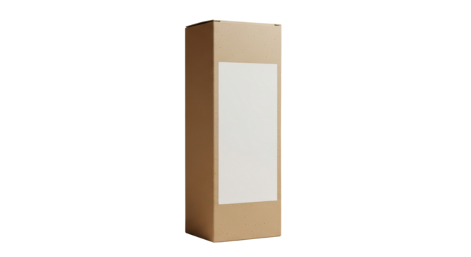 A tall, empty cardboard box with a blank label isolated isolated on transparent background