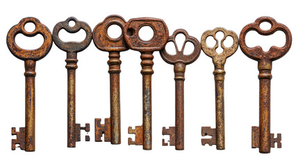 Collection of isolated, rusty, antique metal skeleton keys for vintage door security on PNG white background.