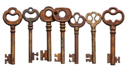 Collection of isolated, rusty, antique metal skeleton keys for vintage door security on PNG white background.