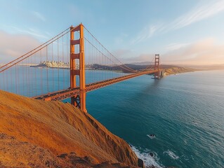 Golden Gate Bridge at Sunset, Panoramic Aerial View with San Francisco Skyline, Soft Pastel Colors for Dreamy Atmosphere, Influencer Style
