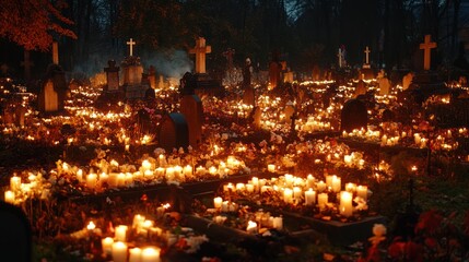 Candlelit Reflections: A Cemetery Aglow with Remembrance and Soft Illumination