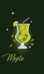 vector mojito drink with lime slices and mint leaves