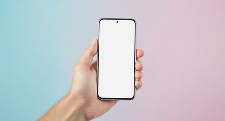 Close-up of a hand holding a modern smartphone with a blank white screen against a soft pastel gradient background.