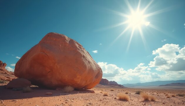 Vast desert landscape features a colossal rock formation under a bright sun. Clear blue sky with scattered clouds. Sparse dry grass dots the arid terrain. Distant mountains under intense sunlight.