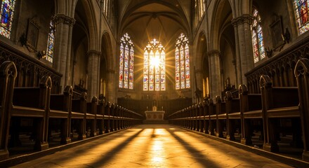 Fototapeta premium Sacred Radiance: Sunburst Illuminates a Gothic Cathedral Aisle
