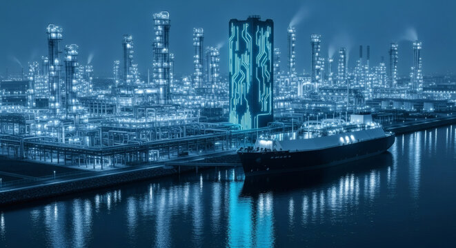 Sprawling futuristic industrial complex and refinery with a tanker ship docked at the glowing blue harbor at night.