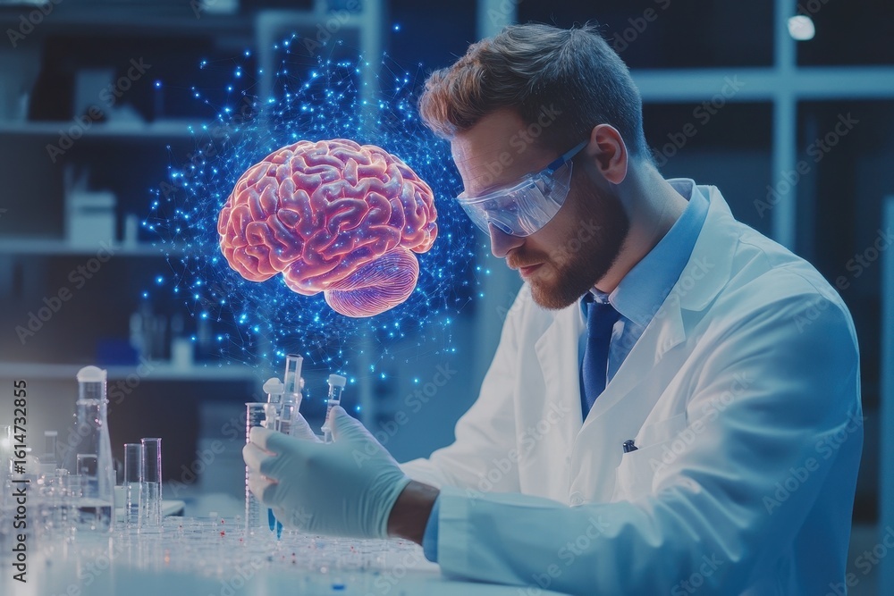 Poster innovative research in data processing at a molecular level showcased by a scientist working with br