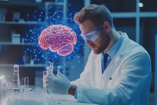 Innovative research in data processing at a molecular level showcased by a scientist working with brain visualization, data processing with molecules and brains over caucasian male surgeon in