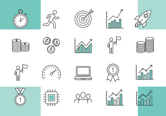 Modern Line Icons: Business Growth, Success, and Achievement;  Teal and Black Minimalist Design.