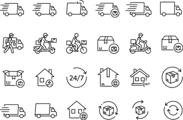 Delivery Service Icons:  Modern Line Art Graphics for Website, App, and Marketing Materials;  Fast Shipping, 24/7 Delivery, Home Delivery Options.