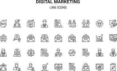 Digital Marketing Strategy: Modern Line Icons Set for Business, SEO, and Email Marketing Campaigns.