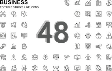 Forty-eight Editable Stroke Line Icons: Modern Business and Finance Graphics