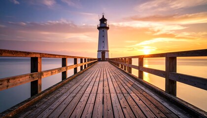 Lighthouse on pier at sunrise