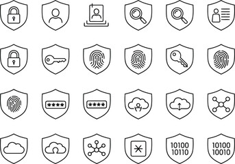 Cybersecurity Shield Icons:  Modern Line Art Set of Data Protection, Privacy, and Network Security Symbols.