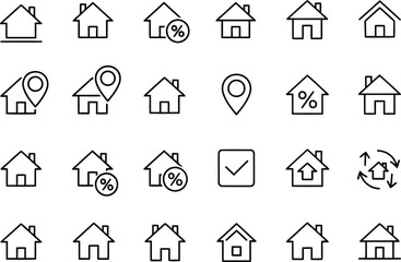 Real Estate Icons: Modern Minimalist Line Art House Symbols for Website, App, and Marketing Materials.