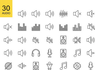Thirty Minimalist Line Icons: Audio, Sound, Volume Control, and Music Symbols.