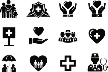 Healthcare Icons: Family, Doctors, Medical Cross, Heart, Protection, Insurance, Glyph Style, Black and White, Compassionate Mood