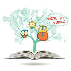 Back to school. Welcome back to school greeting clipart background design. A smart owl in a tie and two little cute owls are sitting on a tree, above an open book. Vector illustration.