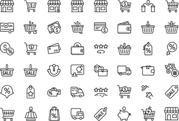 E-commerce Shopping Cart Icons: Minimalist Line Art Graphics for Website and App Design