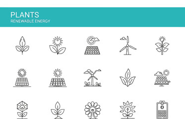 Clean Line Icons: Renewable Energy, Plants, Solar Panels, Wind Turbines; Sustainable Energy Solutions Graphic Set