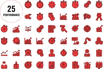 Modern Line Icons: 25 Performance & Business Growth Metrics, Red Background