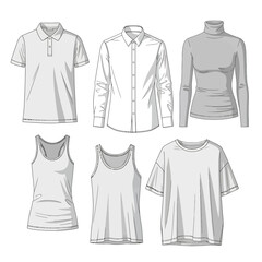 Vector illustration of a set of men's fashion clothing templates, including t-shirts, polo shirts, and jackets, perfect for apparel design and textile collections