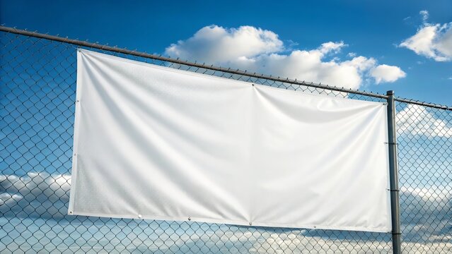 Blank white banner hanging on a chain link fence against a cloudy sky - Powered by Adobe