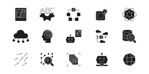 Artificial intelligence icon set, future technology for automation, assistance, prediction, suggestion and data processing deep learning
