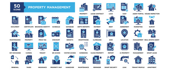 50 Property Management System icon set. Containing design property, system, management, business, concept, technology	