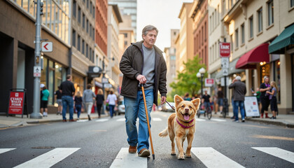 Man guiding dog across busy street in downtown, independence and courage
