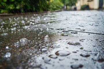 Fototapeta premium City street glistens with rain as droplets accumulate on the wet pavement, a city street with rain drops on the ground
